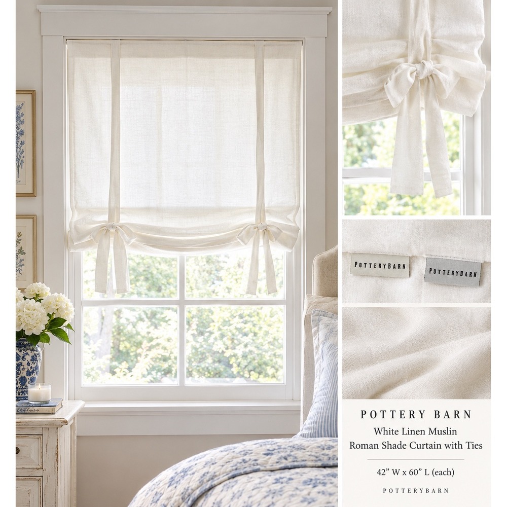 Pottery Barn White Linen Muslin Roman Shade Curtains with Ties 42x60 Set of 2